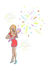 Foto auf Acrylglas Kleurige lijntekening van meisje met confetti kanon © emieldelange