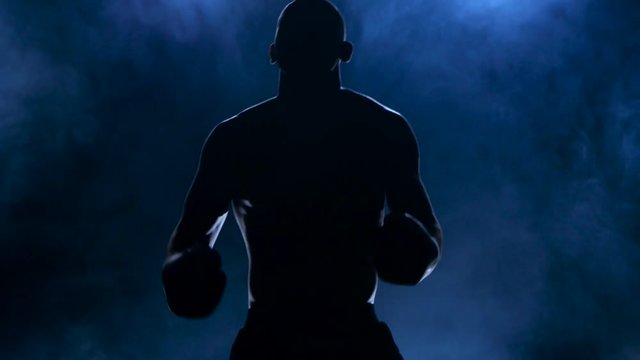 Boxer shows that he is ready to fight. Dark background
