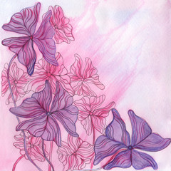 Decorative watercolor greeting card with purple leaves. 