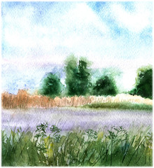 Meadow, trees and sky - landscape. Watercolor painting. Poster.  