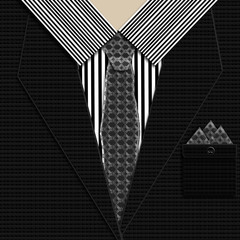 Graphic illustration of man's black suit and tie with stripe shirt.   Handkerchief in pocket.