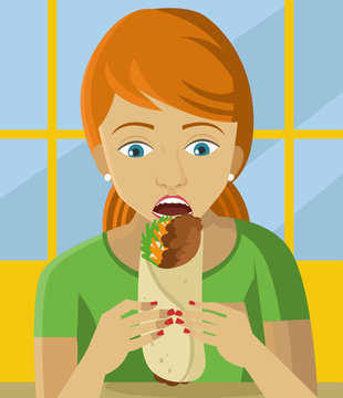 woman eating mexican fast food burrito taco