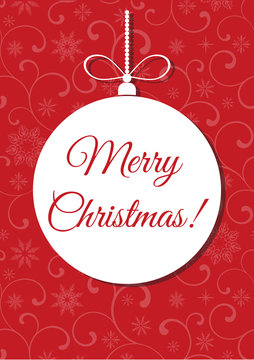 Elegant postcard or banner: Merry Christmas! Christmas Ball on a red background with pattern.