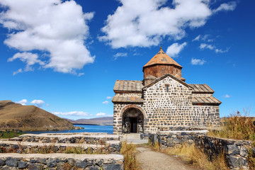 Fototapeta na wymiar Scenic view of an old Sevanavank church in Sevan, Armenia