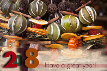 Winter holidays greeting card for 2017 to come. Descrete Blurry background with seasonal winter spice decorations.