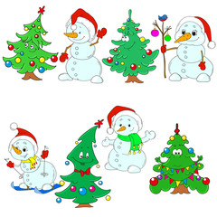 Christmas Collection. Funny snowmen and Christmas trees.