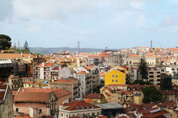 Lisbon Historical City and 25th of April Bridge Panorama, Portugal 