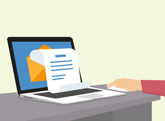 Man is getting a newsletter via e-mail. Flat illustration of human hand working with laptop at home and receiving instant promotion newsletter. Open envelope with white letter paper