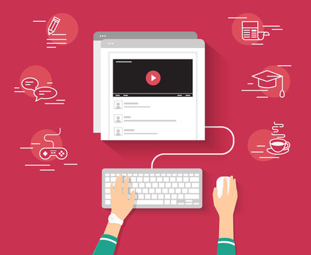 Video tutorial streaming isolated on red background. Elearning and video blogging concept illustration of female hands using browser and keyboard searching video tutorial or vlog for distance learning