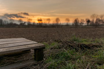 Agriculture - empty pallet in front of warm sunset