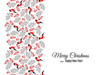 Merry Christmas and Happy New Year greeting card with bullfinch and mountain ash foliage and berries pattern isolated on white. Abstract background for Christmas decoration. Vector illustration