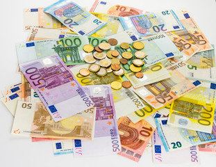 euro banknote and coins money  finance concept cash on white bac