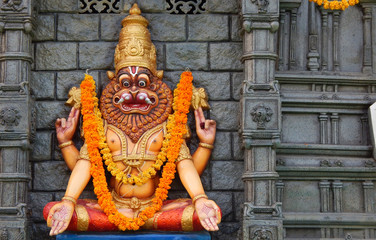 Hindu God Narasimhavatar idol on a Mobile temple
