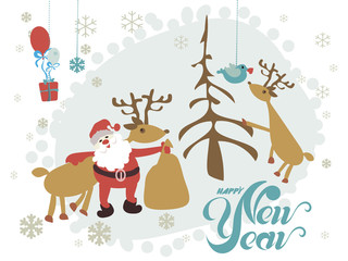 Naklejka premium Santa Claus and reindeer against a dark background. for posters, flyers, brochures, postcards, web, banner, board, card, 