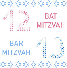 Bat mitzvah and bar mitzvah. 12 and 13 years old. Vector illustration.