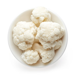 Bowl of cauliflower isolated on white, from above