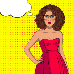 Pop art curly fashion woman in dress with glasses. Bubble sign.