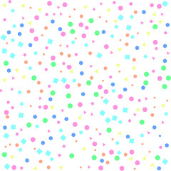 Multicolored pattern geometric shapes on white background. Vector illustration. Shiny backdrop. Art deco style. Polka dots, confetti.