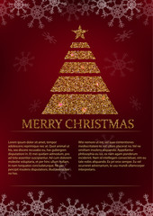 Christmas card with christmas tree and text pattern on red background with snowflakes
