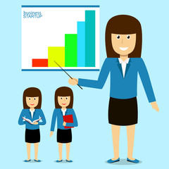 Cheerful businesswoman on presentation. Start up report. Vector illustration