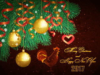 Christmas card. Fire Rooster - a symbol of the year 2017