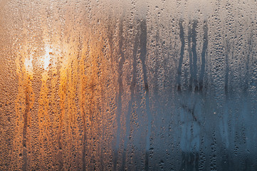 Drops of water on a window glass.