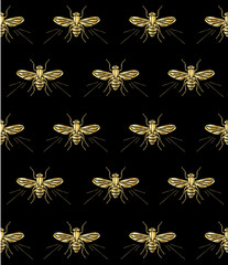 Seamless pattern. Embroidered gold fly on a black background. Insect embroidery