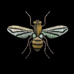 Fly embroidery. Insect embroidery. Vector decorative element for embroidery, patches and stickers