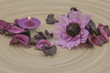 Obraz na płótnie Canvas Purple aromatic dried herbs aromatic flowers and candle on wooden background.