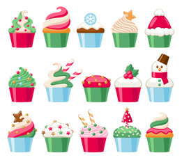 Colorful christmas cupcakes icons set.