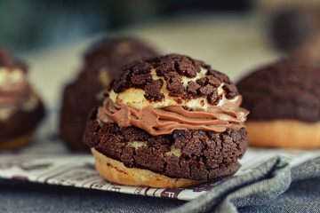 Stack of Chocolate chip cookies on wooden background