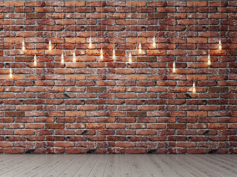 Fototapeta Red brick empty wall with light bulbs, background, 3d illustration