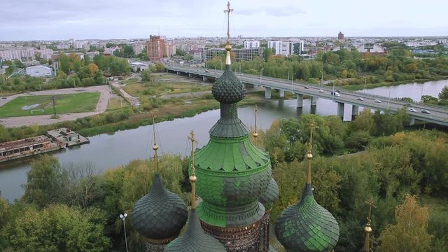 Aerial shot Yaroslavl and Church of St. John the Baptist. Golden ring of Russia