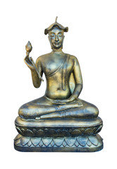 Buddha statue with lotus leaf on head and lotus in hand isolated