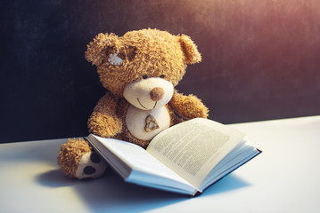 toy bear reading an interesting book. concept of baby learning