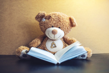 toy bear reading an interesting book. concept of baby learning