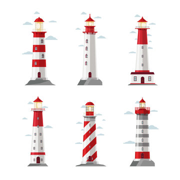 Cartoon lighthouse icons. Vector beacon or pharos set for sea security illustration