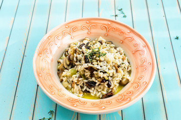 Delicious risotto with porcini mushrooms over wooden turquoise background