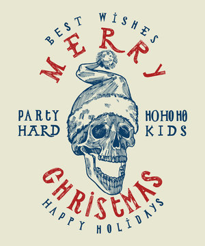 Santa Claus skull print. Tough Christmas design. Party hard winter holidays. Spooky santa. dead head Christmas.