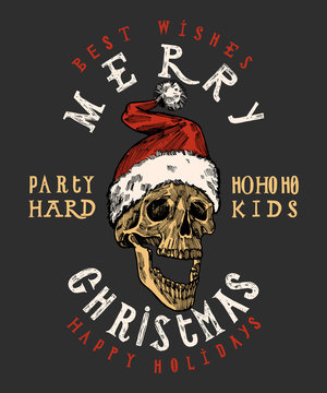 merry christmas santa claus skull print. tough christmas lettering. rock christmas t shirt print.