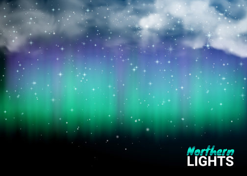 Deep Night Dark Sky Magic Fabulous with Clouds and Realistic Colored Northern or polar lights. Starry Aurora Beautiful Natural Effect for Design Projects. Vector Illustration.