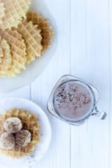 cocoa and waffles with banana for breakfast