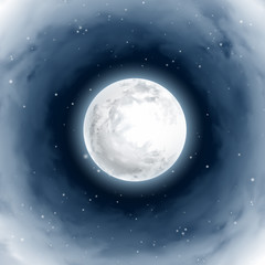 Vortex of Clouds Around the Full Moon. Mystical Night sky. Moonlight. Realistic. Shining Stars on dark blue. Vector illustration background