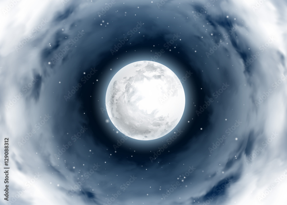 Wall mural mystical night sky. vortex of clouds around the full moon. moonlight. realistic. shining stars on da