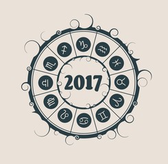 New Year and Christmas celebration card template. Zodiac circle with 2017 new year number. Vector illustration