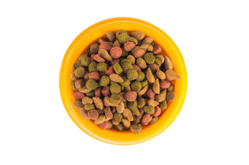 Cat food in bowl isolated on white