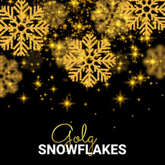 Fototapeta premium Random Falling Gold Snowflakes Abstract pattern on black background. Glitter for banner, greeting, Christmas and New Year card, invitation, postcard, paper packaging. Vector illustration