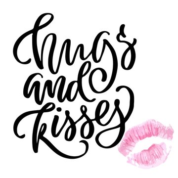 Pink lipstick print with hugs and kisses hand lettering, on white background. Vector illustration. Can be used for Valentine's Day design.