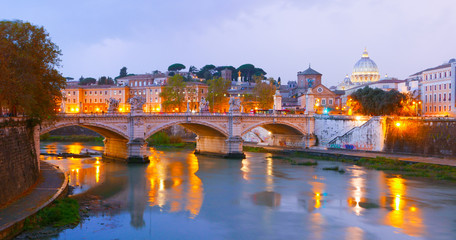 The bridges over River Tiber in Rome in the evening