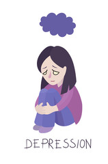Vector cartoon woman sitting under purple cloud depression illustration